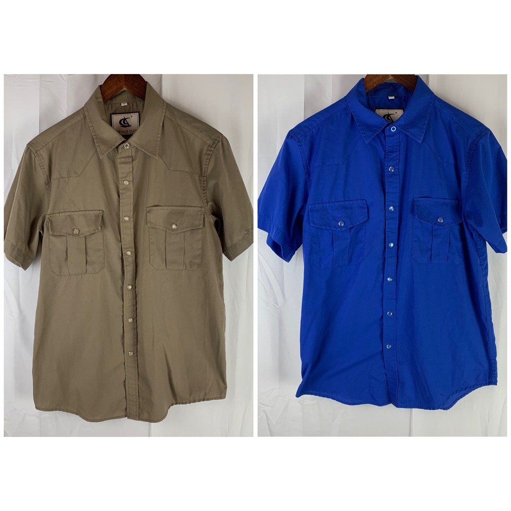Lot 2 Coevals Club‎ Western Shirt Mens S Blue Tan Short Sleeve Pearl Snap Yoke
